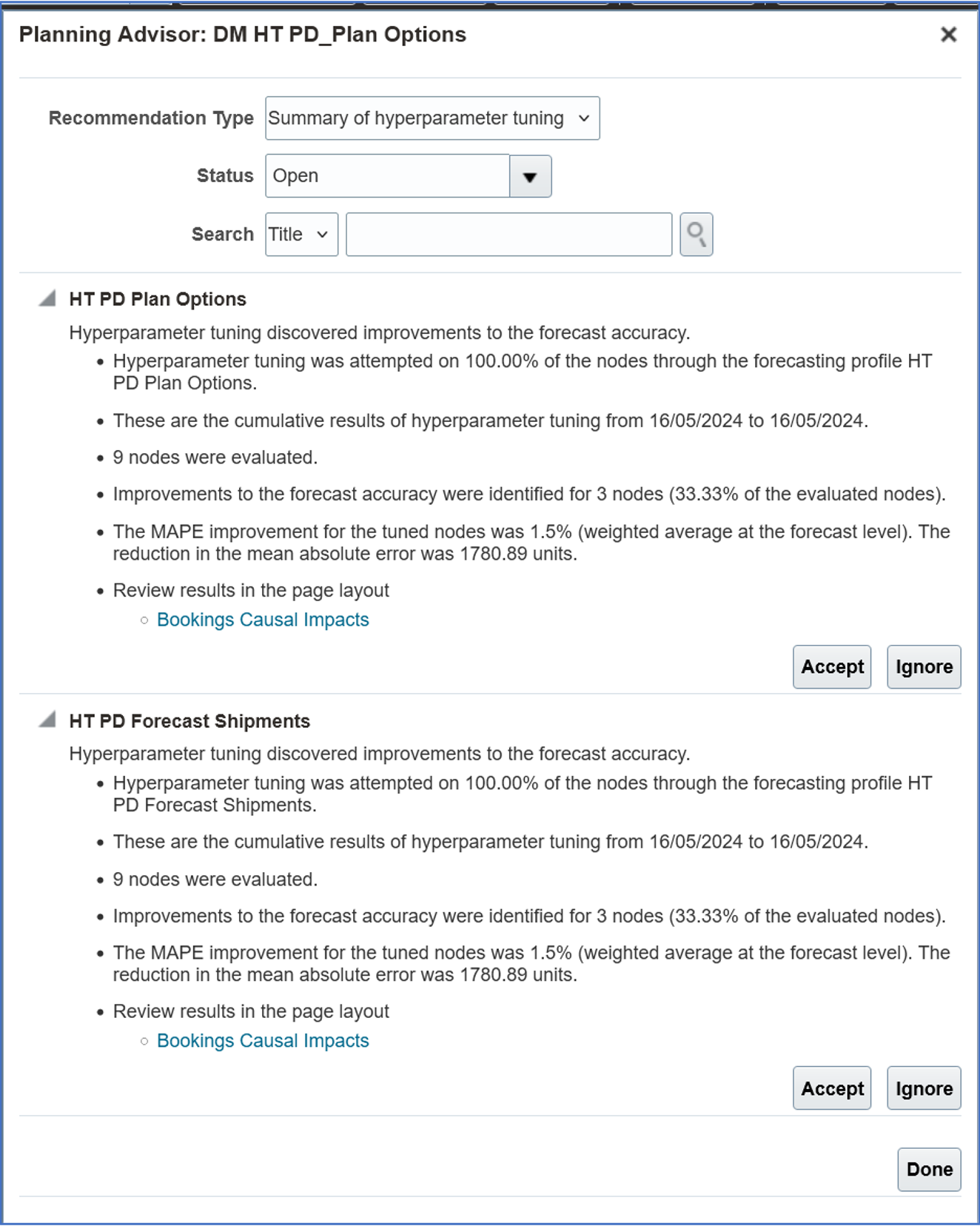 Planning Advisor with Expanded Details of Hyperparameter Tuning