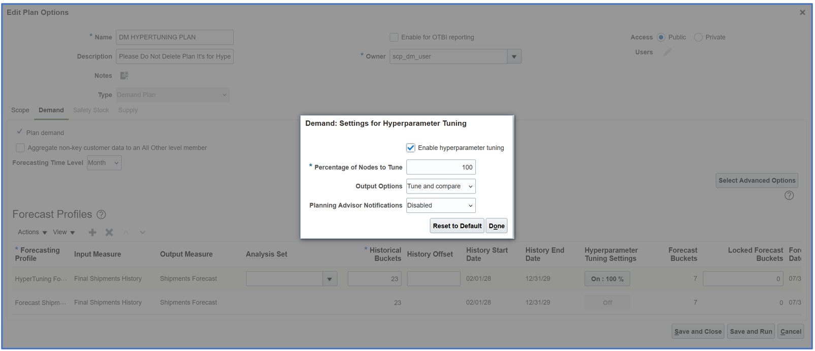 Demand: Settings for Hyperparameter Tuning Dialog Box