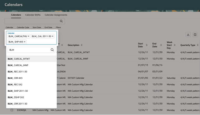 Example of Multiple Calendar Names in Search in Filter Chip