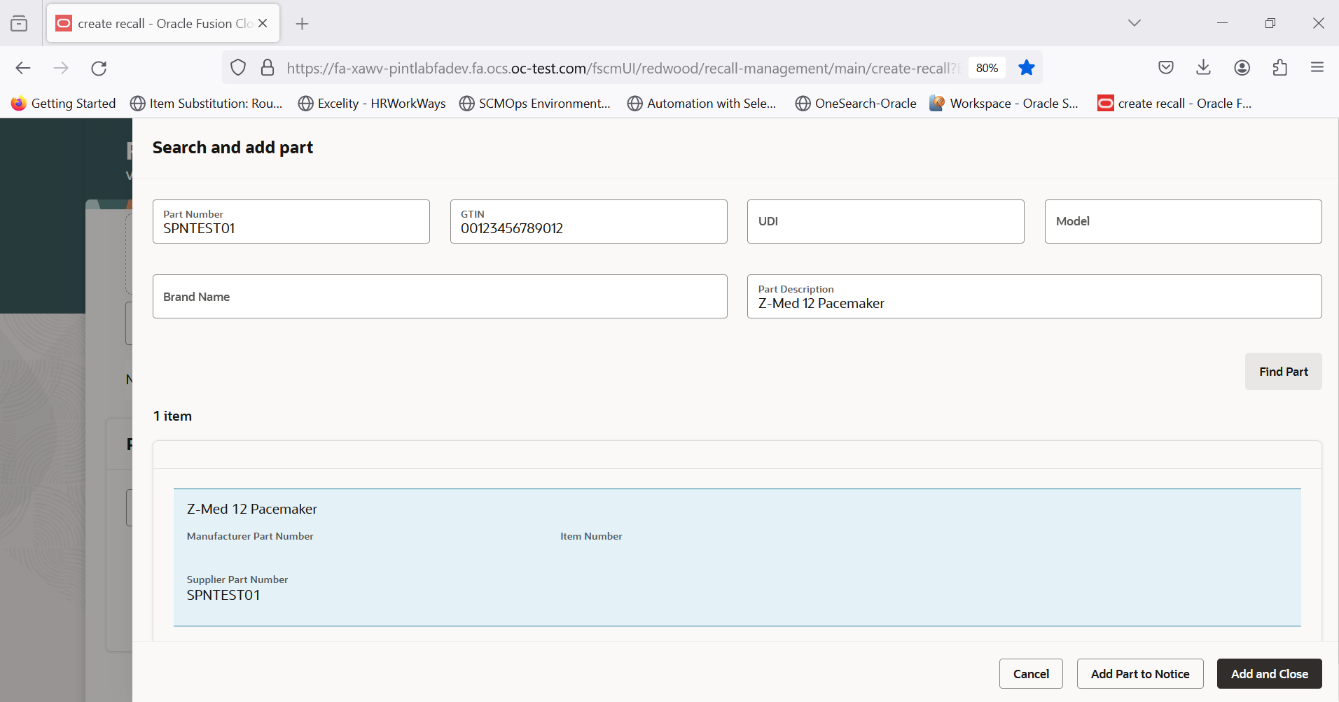 Result showing the supplier item number