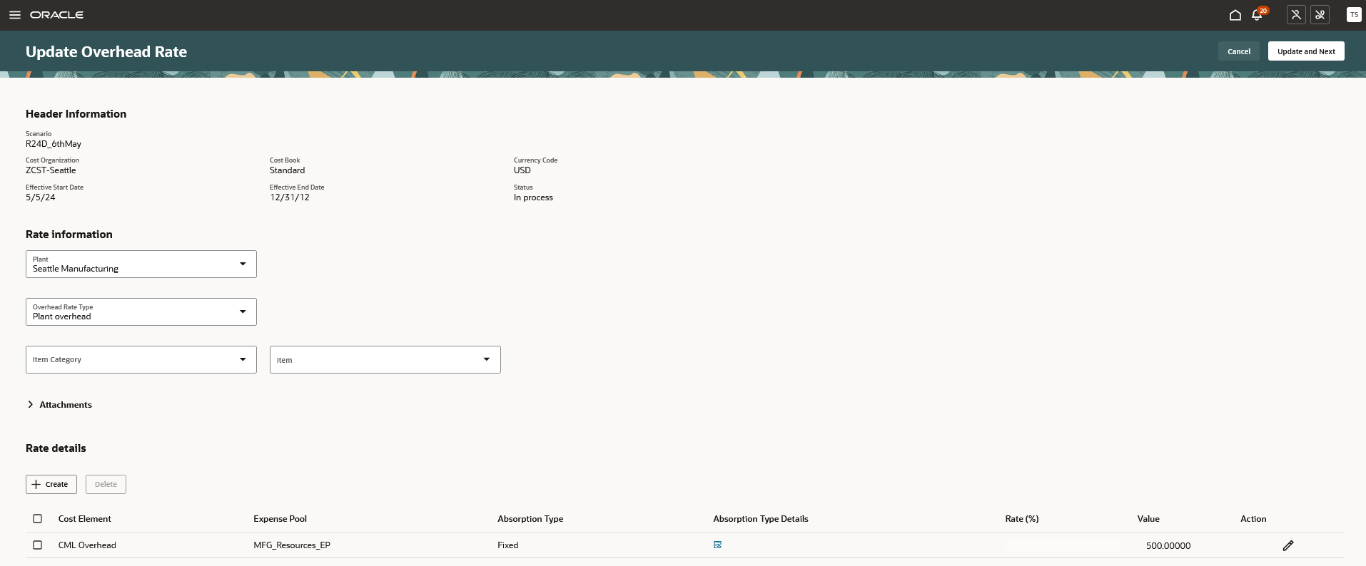 Screenshot of the Update Overhead Rate page