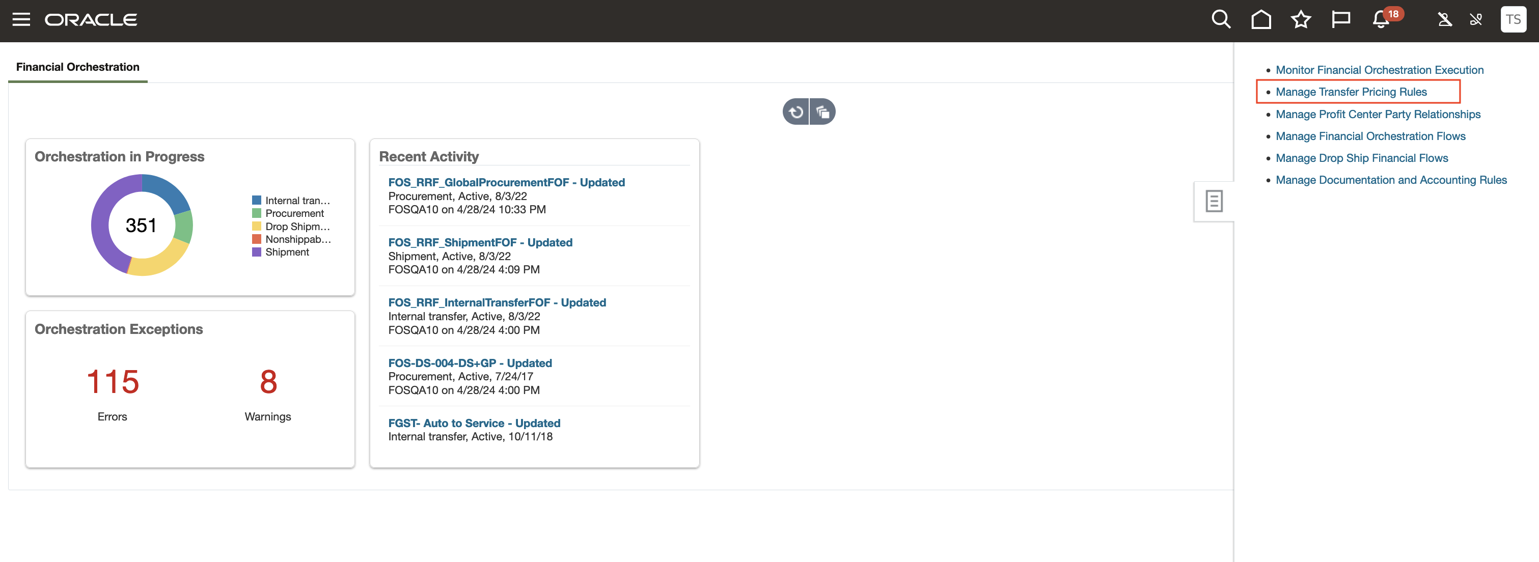 Screen capture that shows the financial orchestration work area.