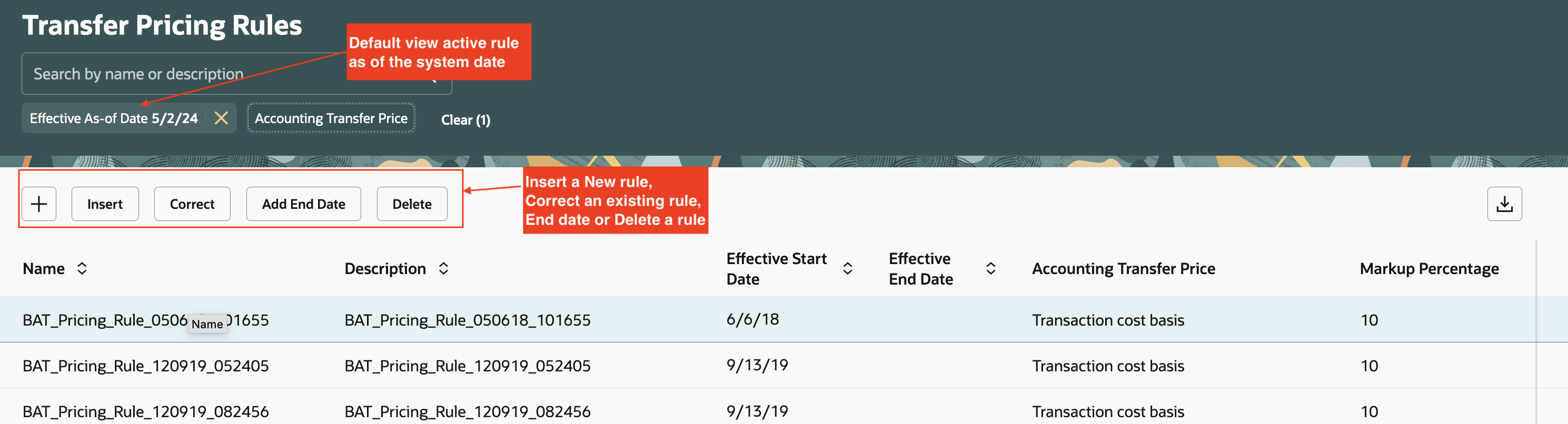 Screen capture that shows the transfer pricing rules search page.