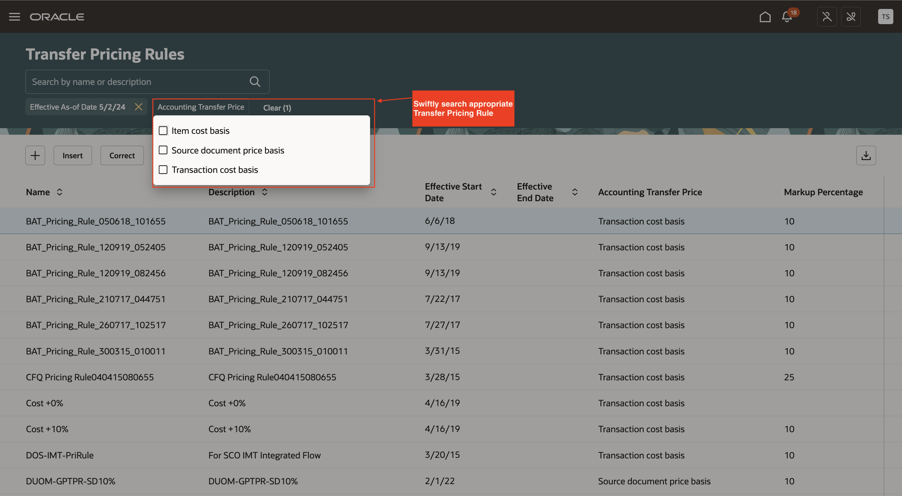 Screen capture that shows focused filters to search rules. 