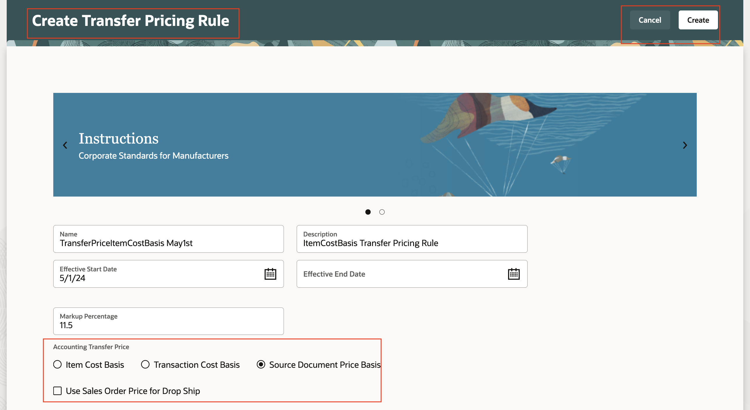 Screen capture that shows how to create a transfer price rule.