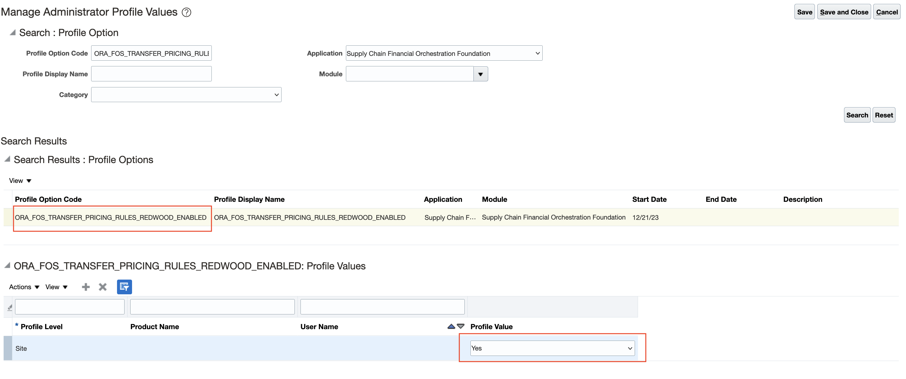 Screen capture that shows how to use Manage Administrative Profile Values to enable the redwood page.