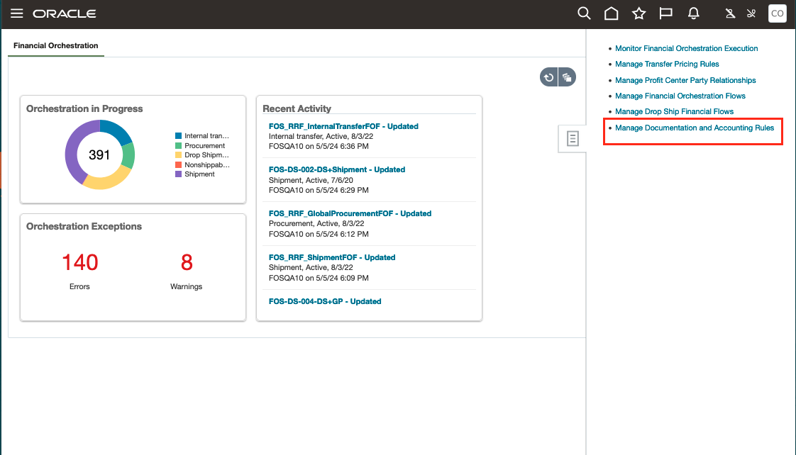 Screen capture that shows the financial orchestration work area.