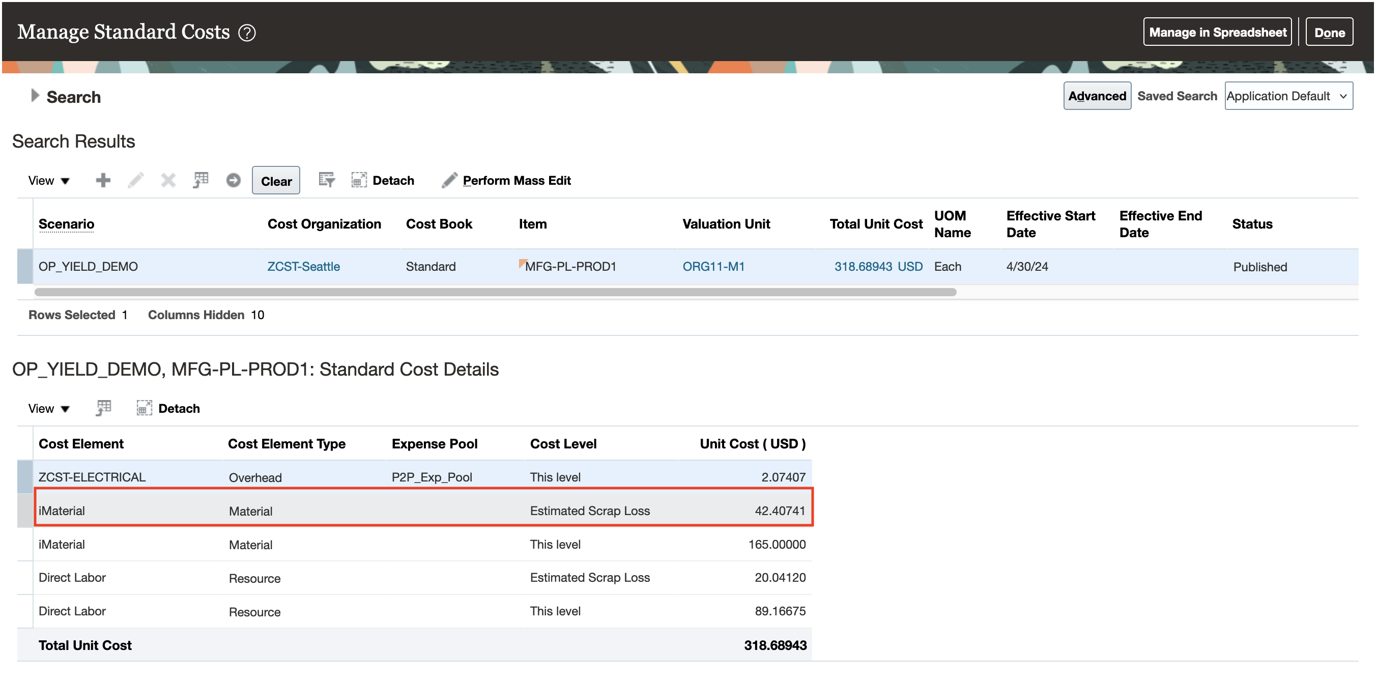 Estimated Scrap Loss details shown in the Manage Standard Costs page