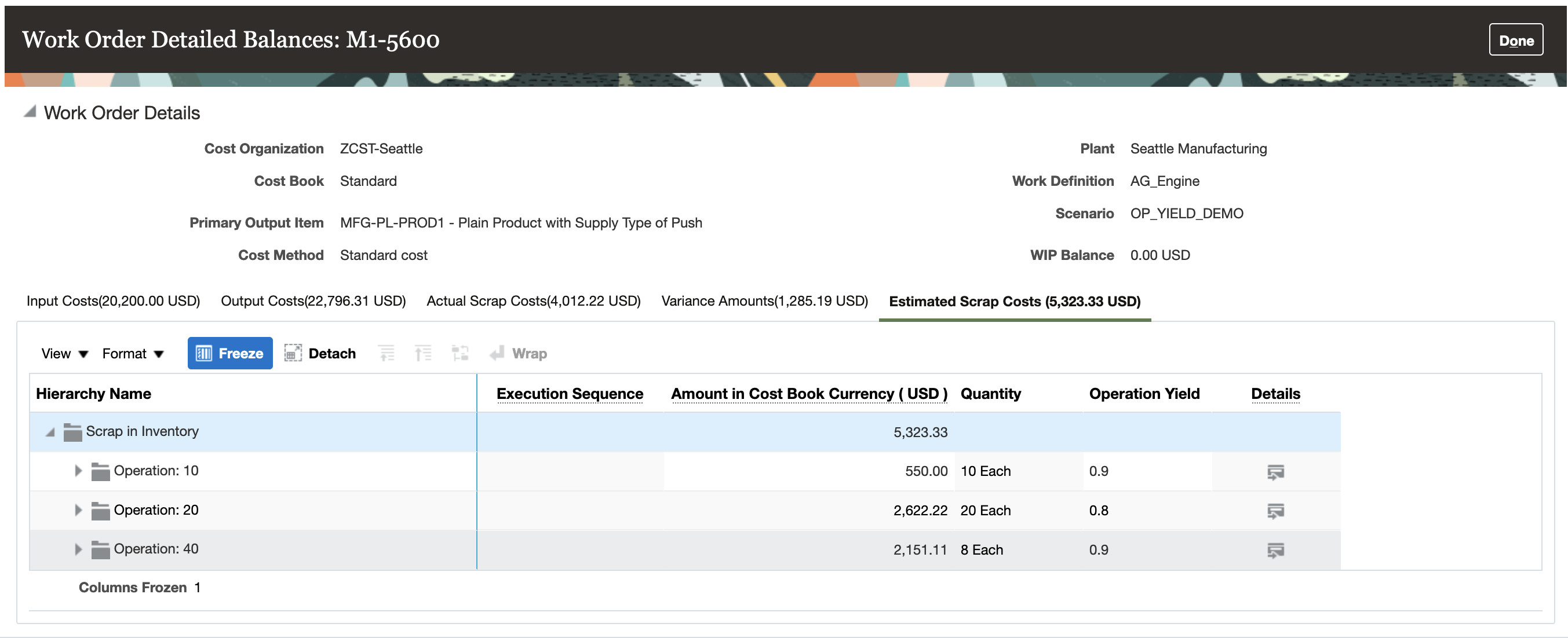 Estimated Scrap in Review Work Order Costs page