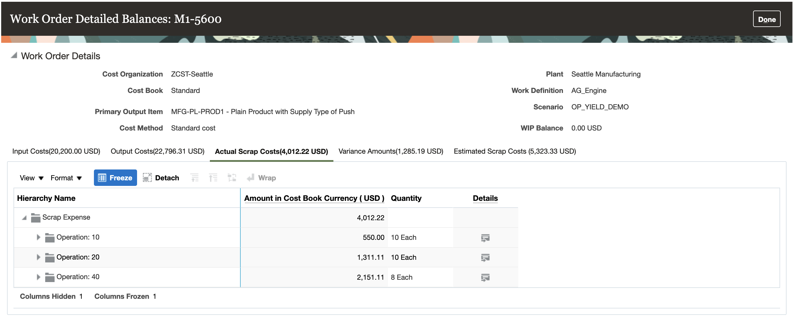 Actual Scrap details in the Review Work Order Costs page