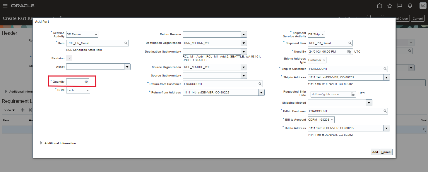 Add Part Requirement UI - Depot Repair Return and Shipment with Quantity = 10