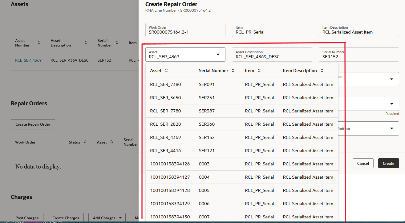Redwood Create Repair Order UI - Select Received Asset