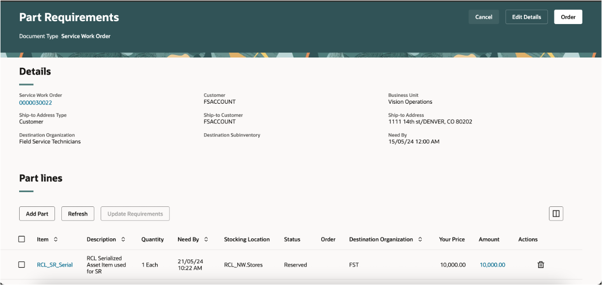 Part Requirement Details - Service Request