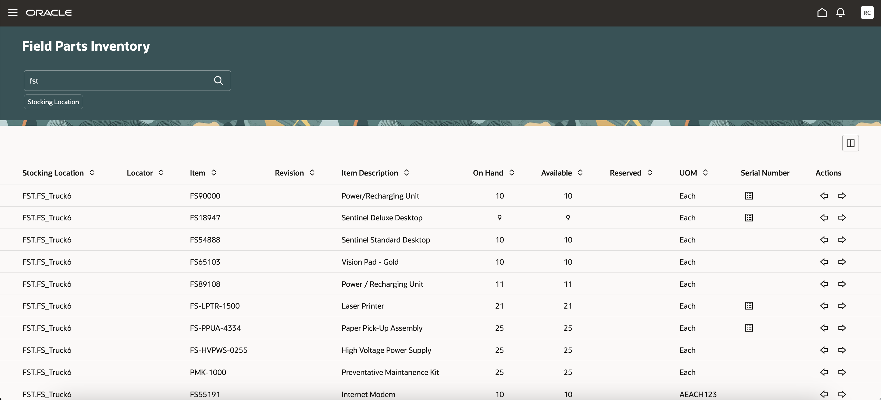Field Parts Inventory Search Page