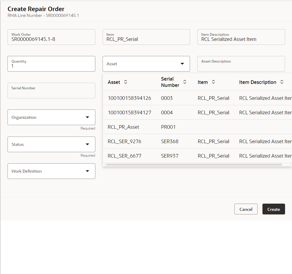 Redwood Create Repair Work Order UI - Order Quantity is One