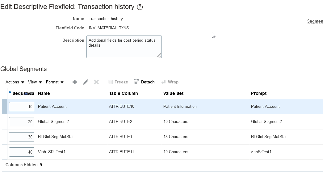 Edit Descriptive Flexfield Section of the Manage Descriptive Flexfield Page