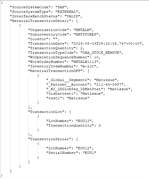 Material Transaction REST Payload Sample