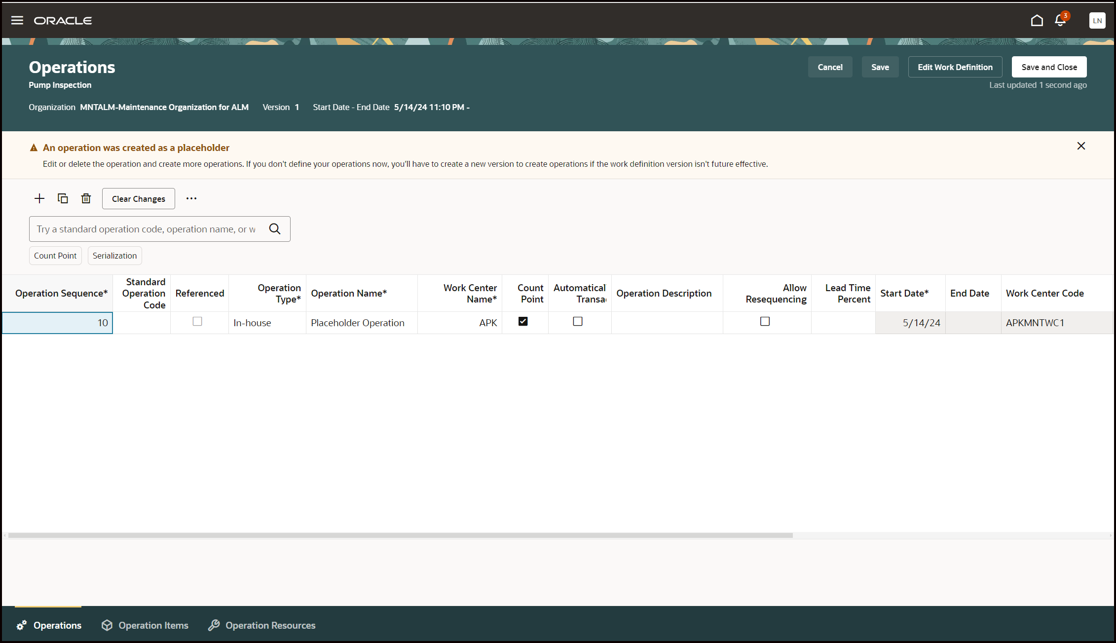 Work Definition Operations Tab with Operation 10 Placeholder