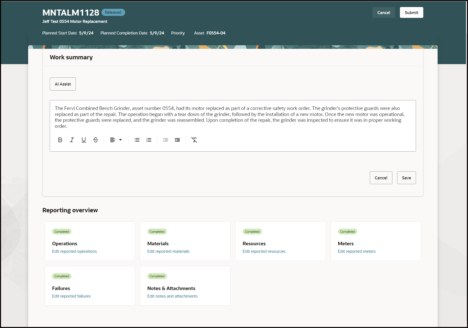 Complete Work Order Page and Summary Notes