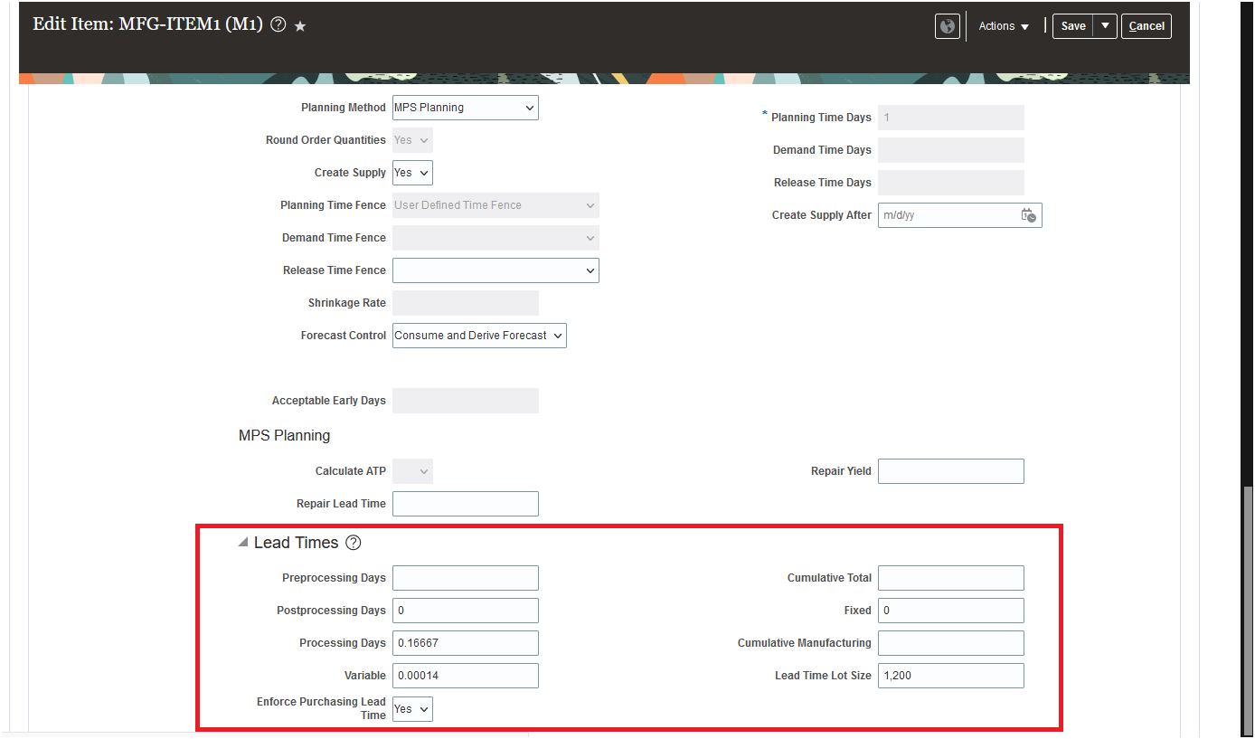 Manufacturing Lead Time values for an item with minimum transfer quantity = 200 and lead time lot size = 1200