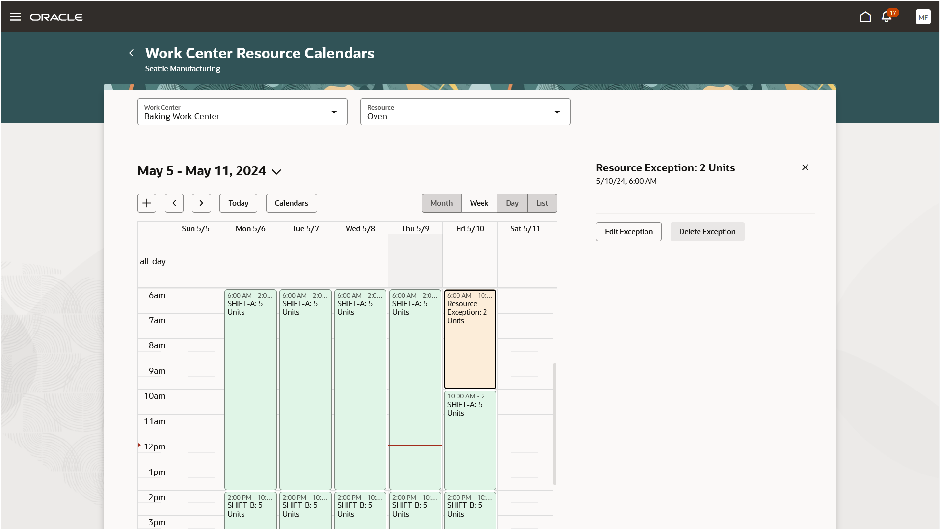 Navigate to work center resource calendar and view exceptions