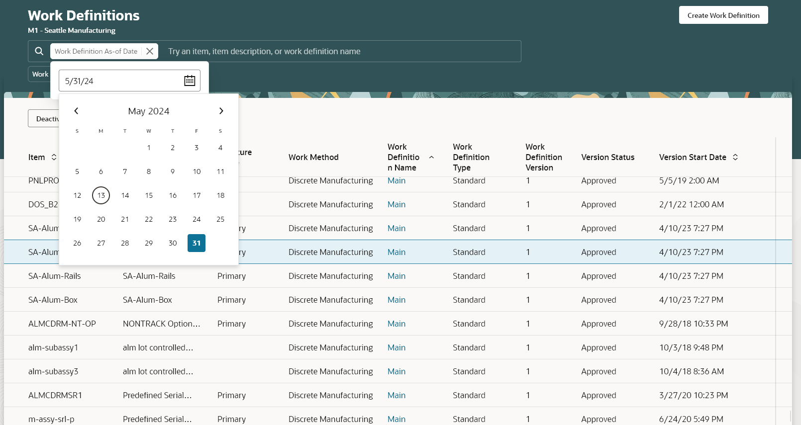 Search Work Definitions as of a Specified Date