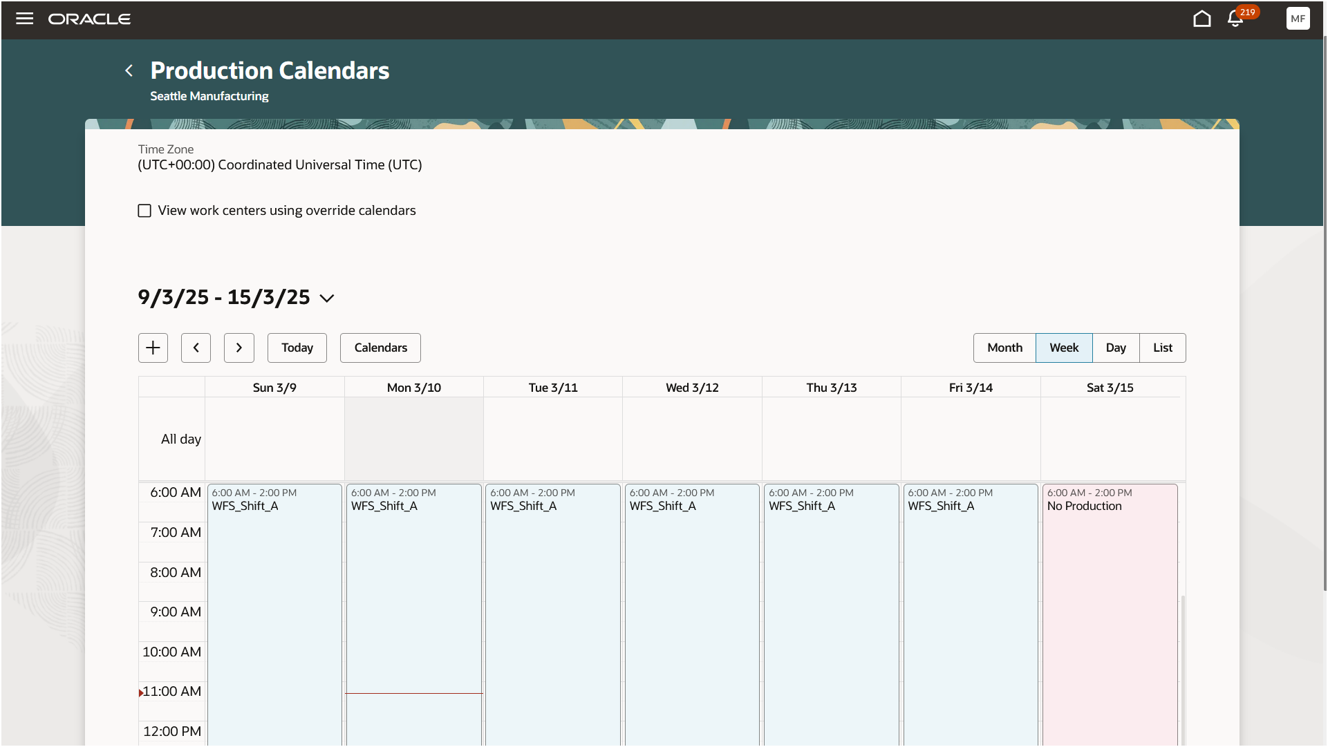 Production calendar of the plant