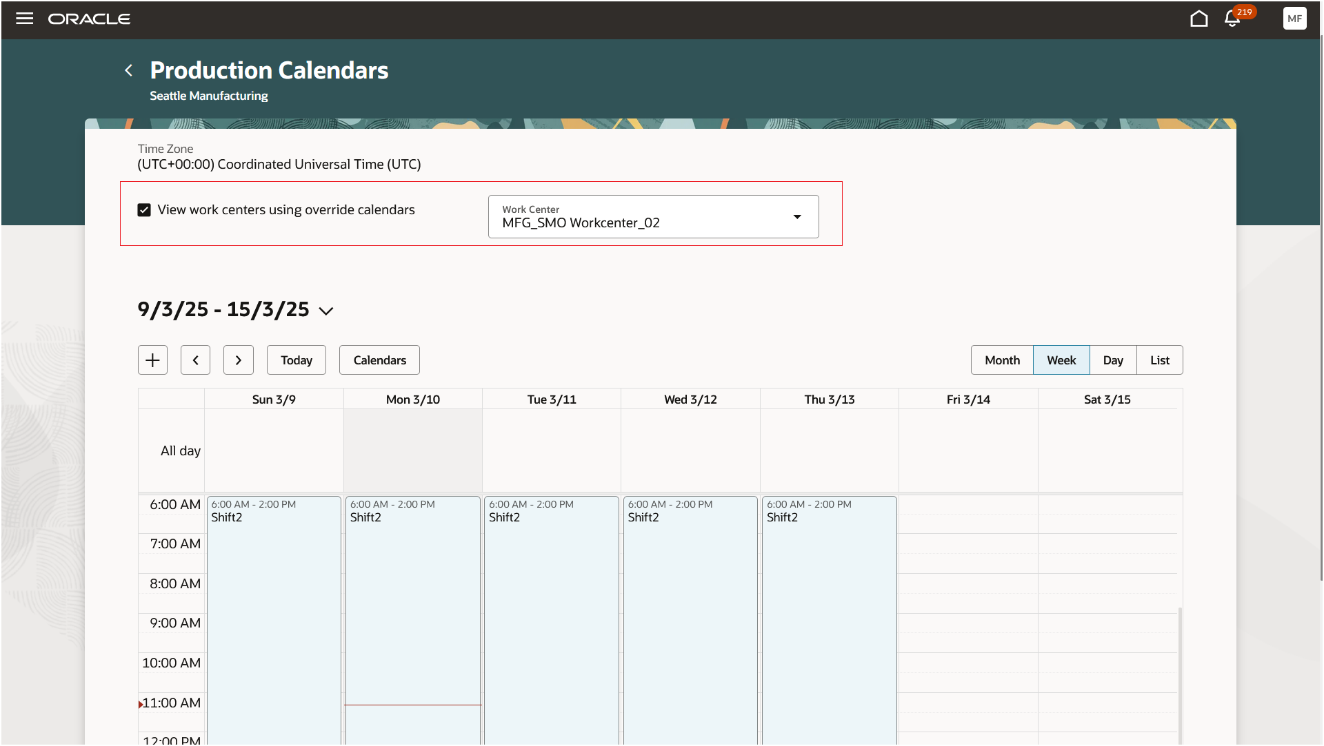 Production calendar of a work center