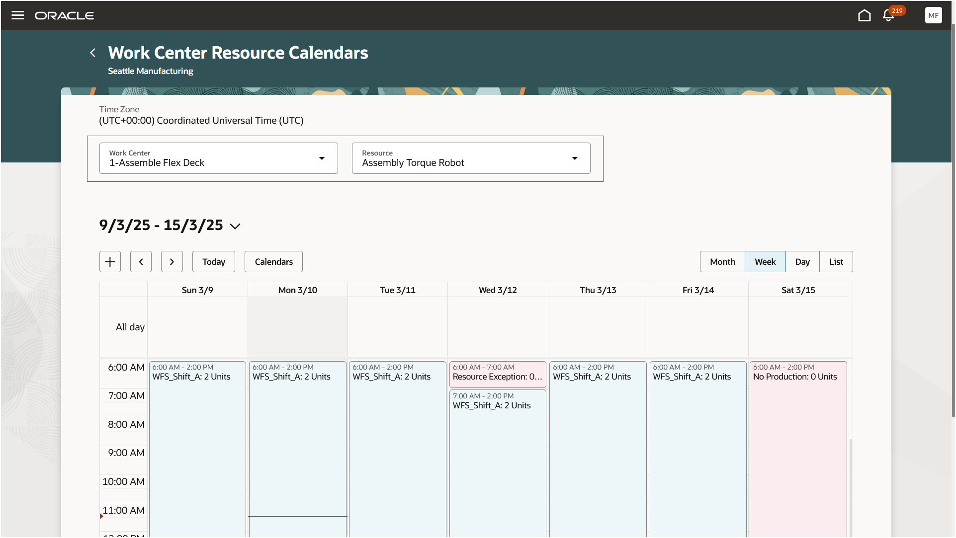 Work center resource calendar