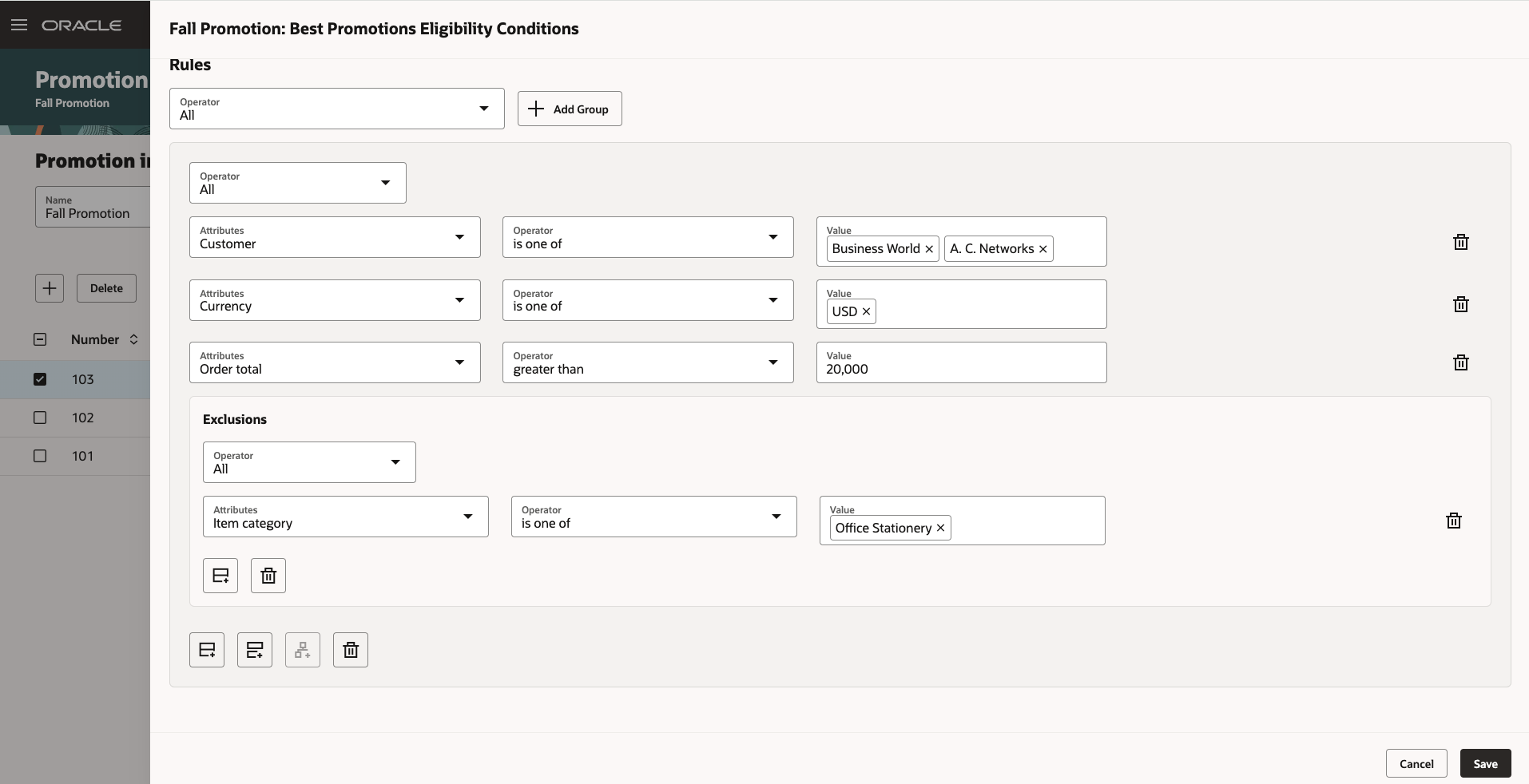 Eligibility conditions based on customers and order totals