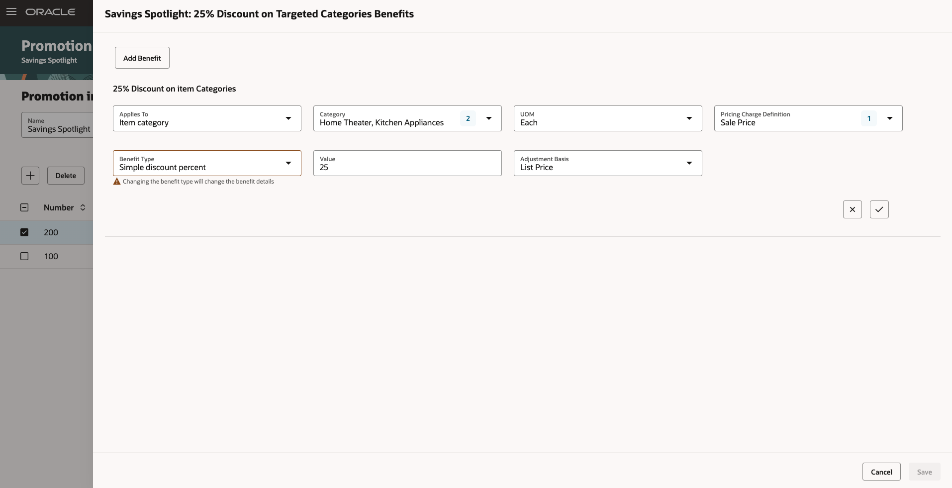 Create a benefit for item categories