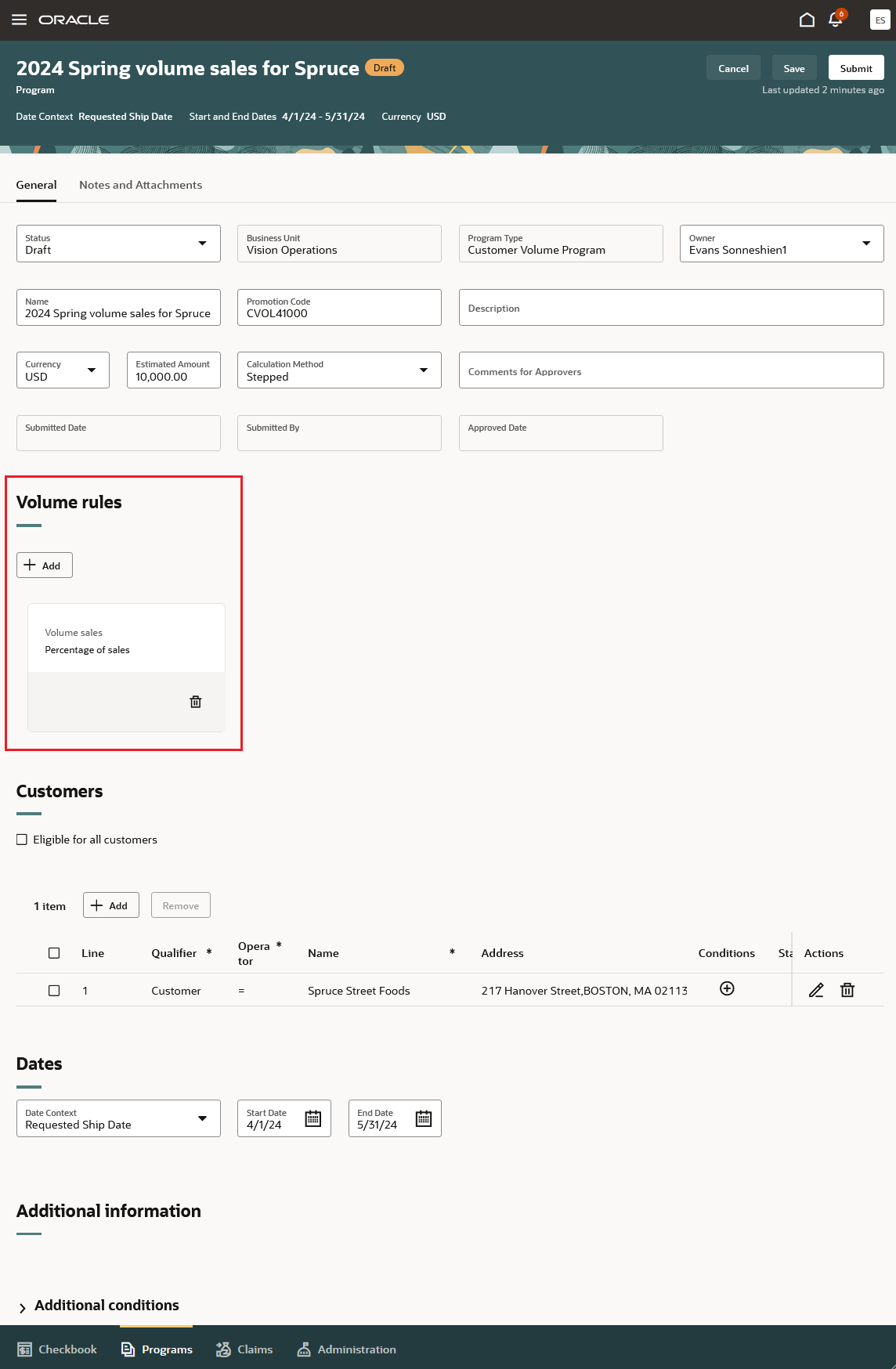 Customer Volume Program with 1 Volume Rule