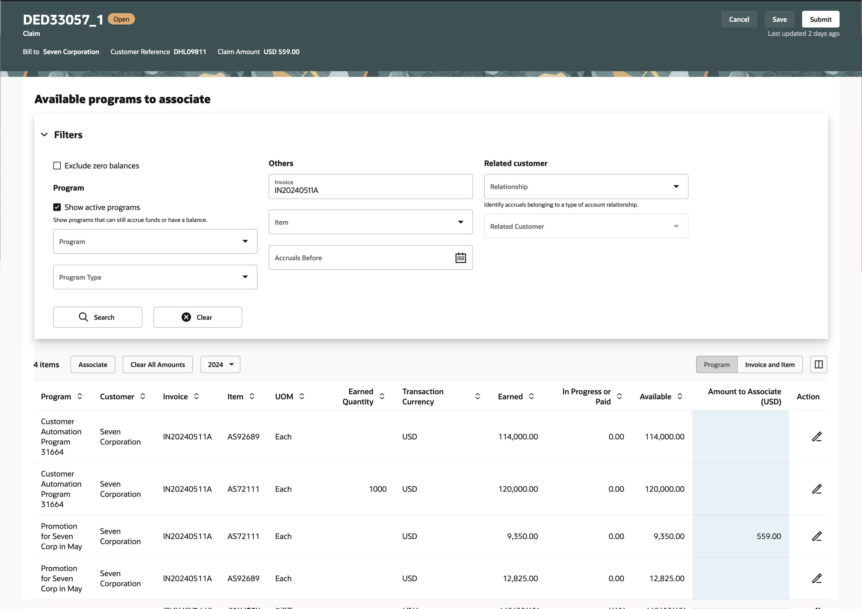 Requires Program, Invoice or Item Criteria to Group Available Accruals by Program, Invoice and Item