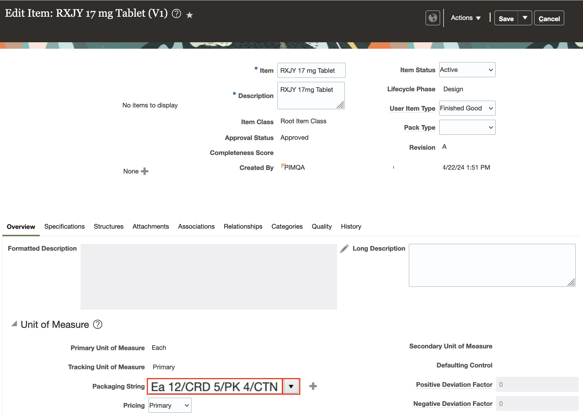 Edit Items Page – Packaging String Assigned to an Item 