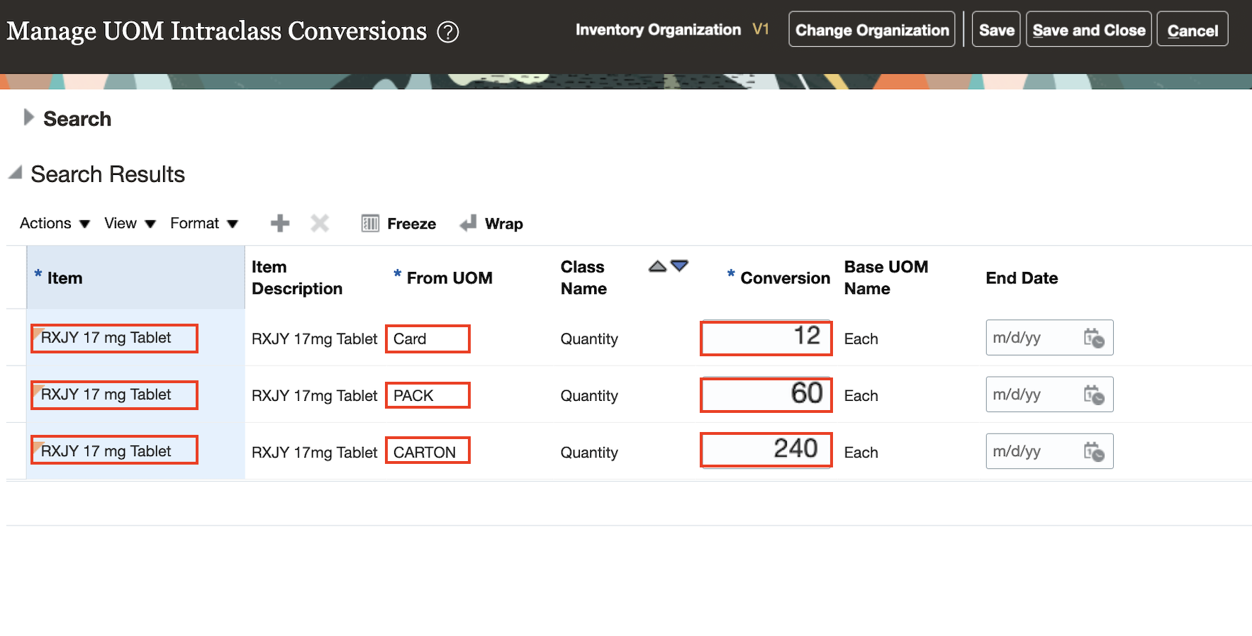 Manage UOM Intraclass Conversions Page – UOM Conversions for Packaging String