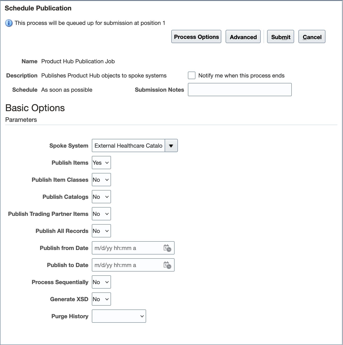 Product Hub Publication Job Scheduled Process Parameters