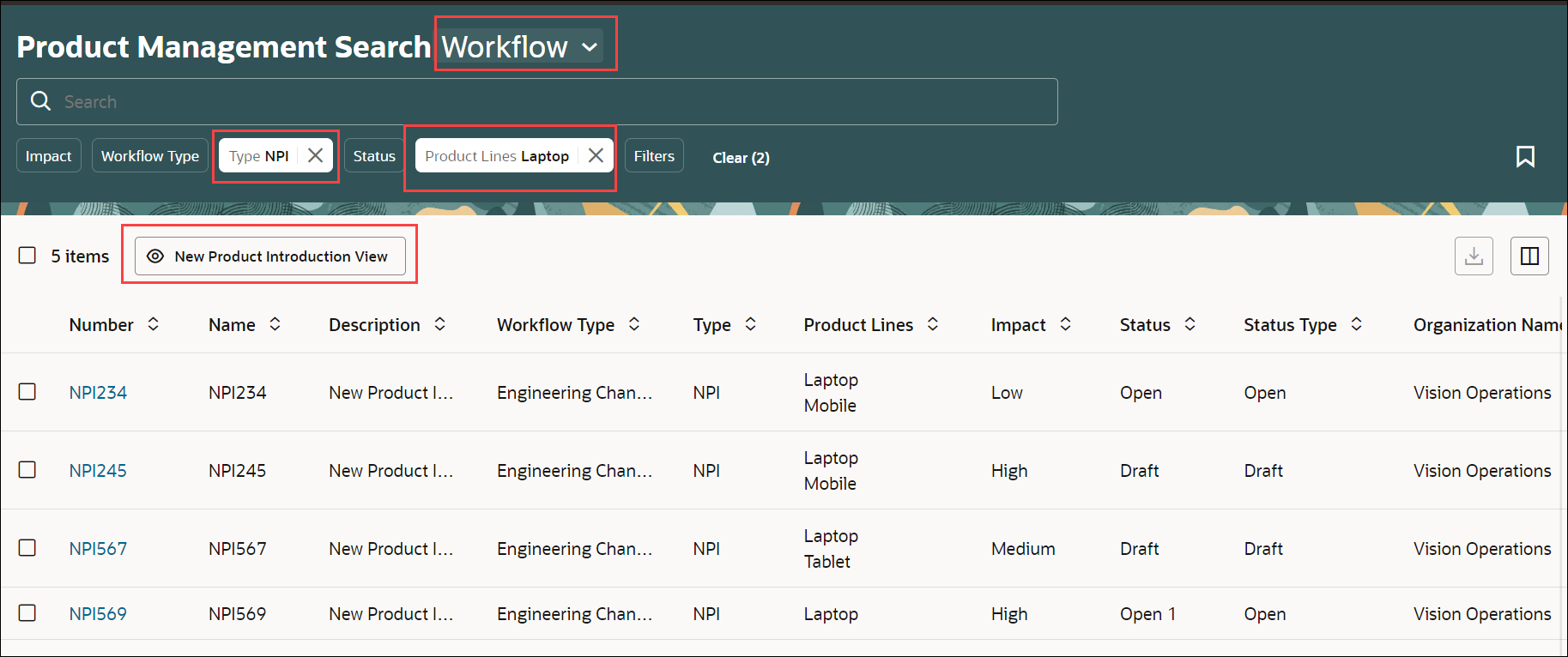 Search for Change Type NPI and Extensible Flexfield Product Lines