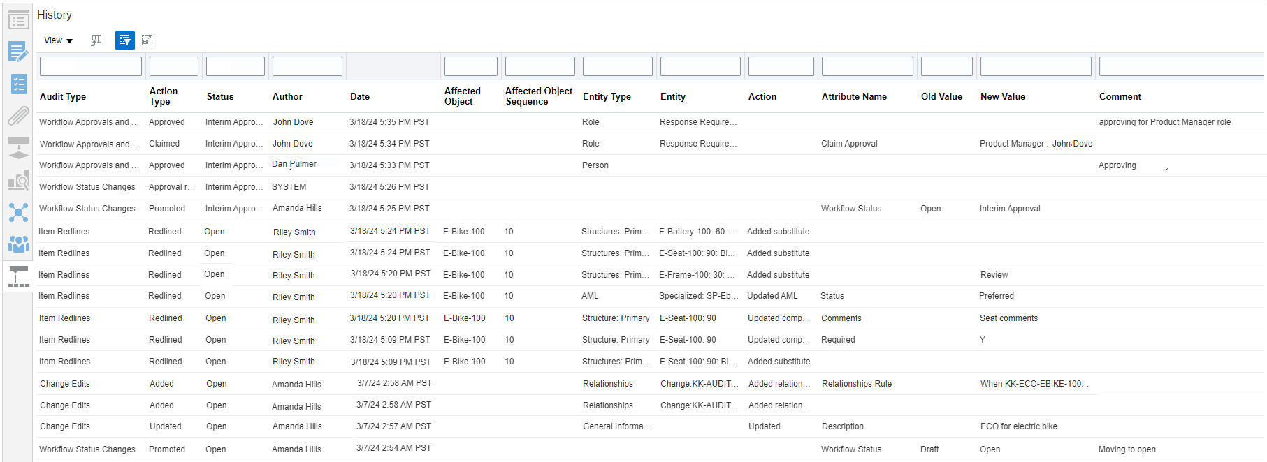 Columns in the New Change History Tab