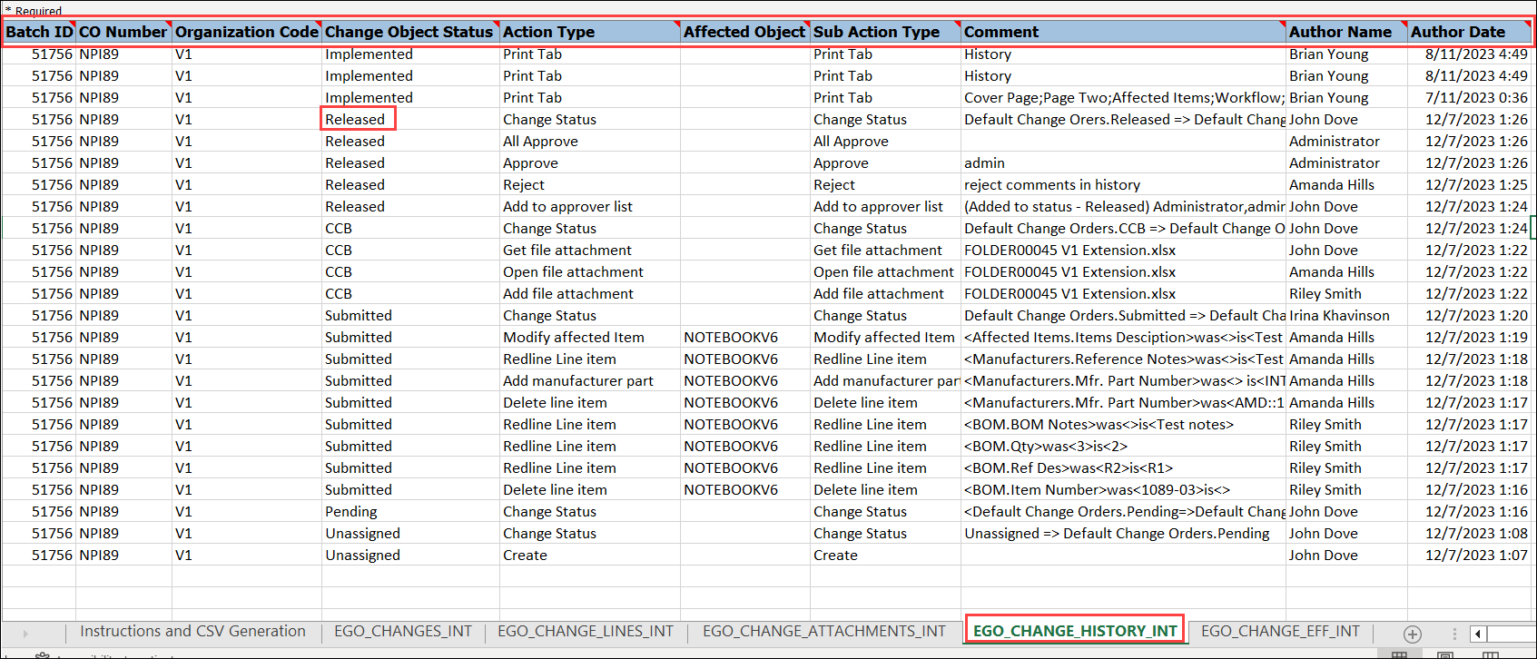 New Tab EGO_CHANGE_HISTORY_INT in Change FBDI Template
