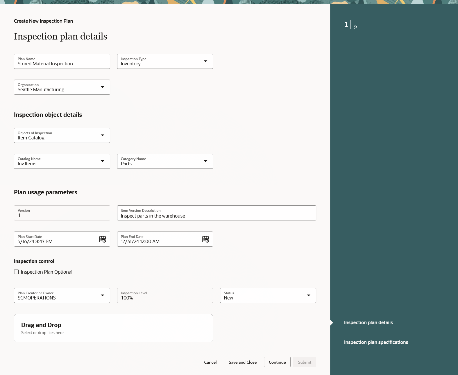 Specify Inspection Plan Details