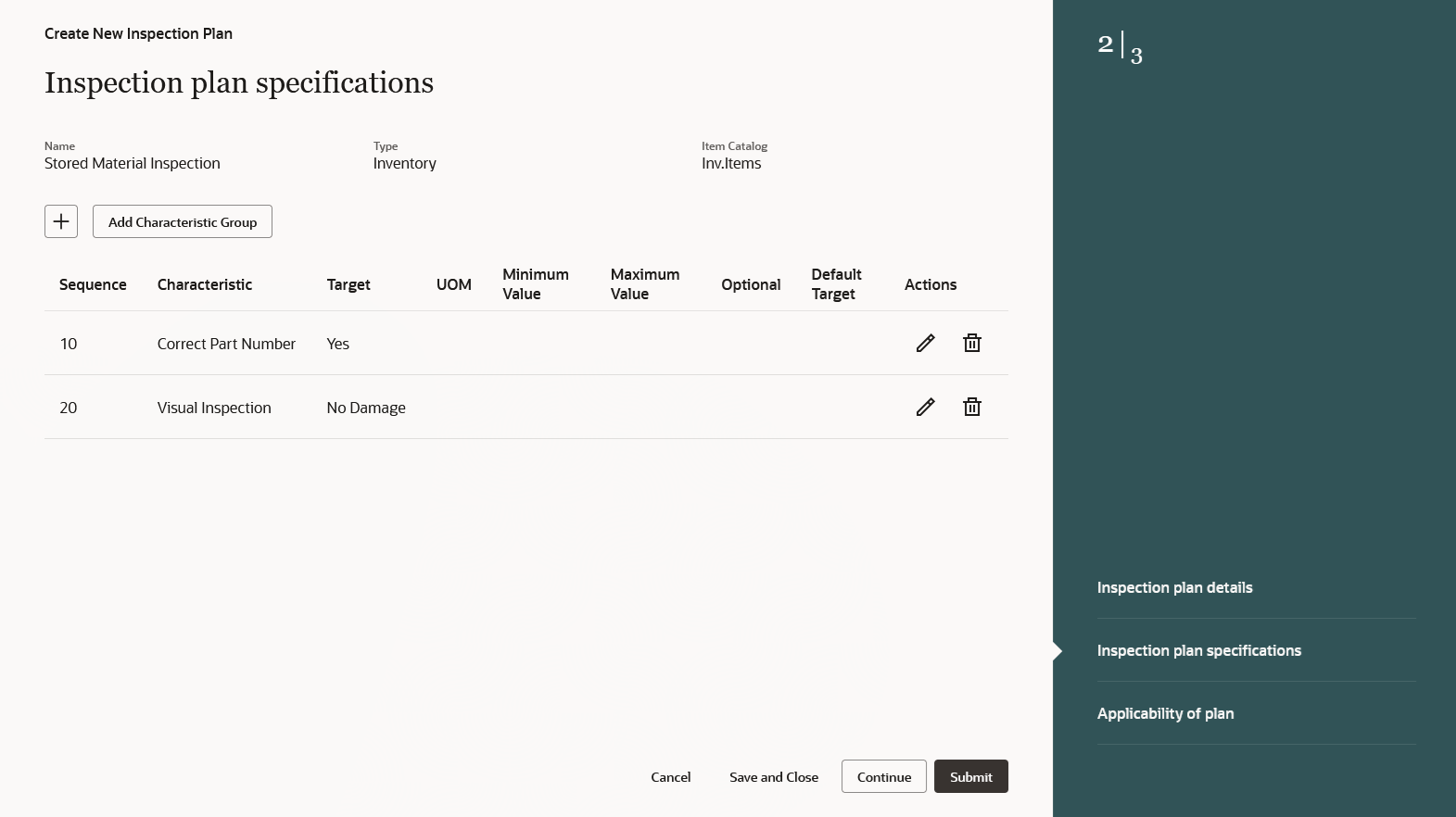 Inspection Plan Specifications