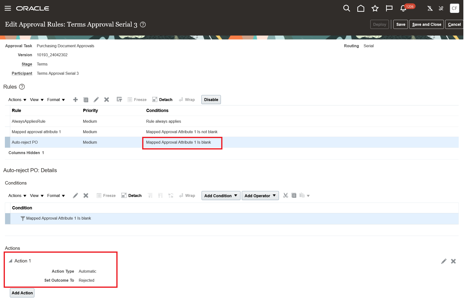 Example approval rule to automatically reject PO when Mapped Approval Attribute 1 returns null