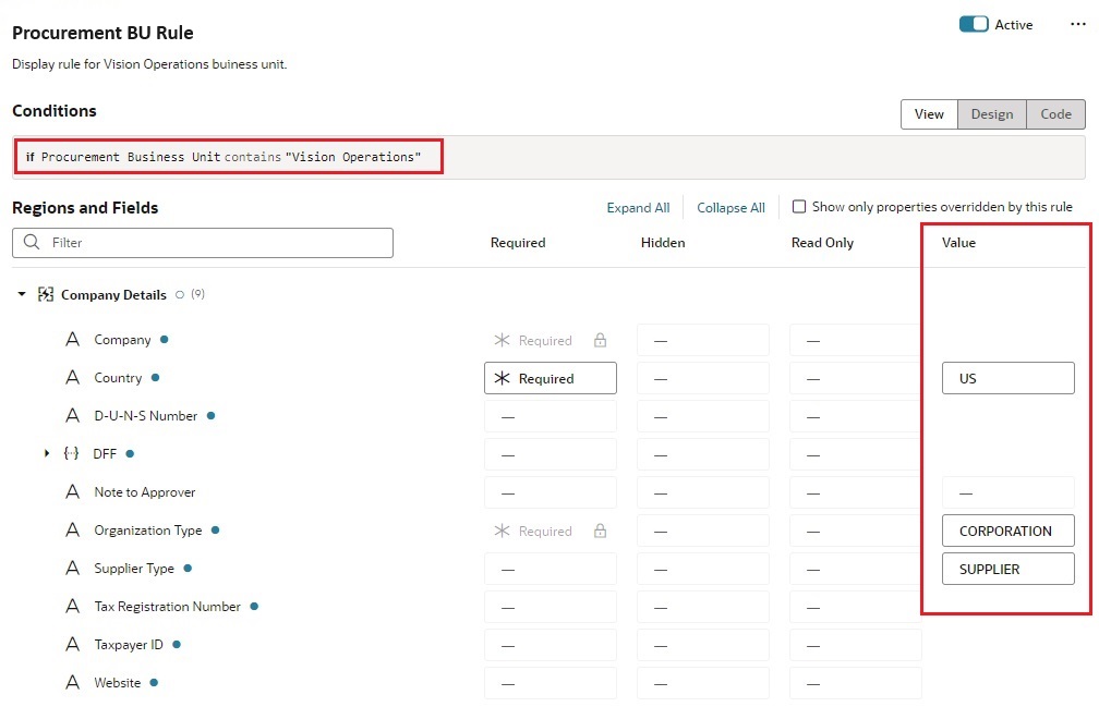 Default Values Configured for Company Details Attributes for Vision Operations