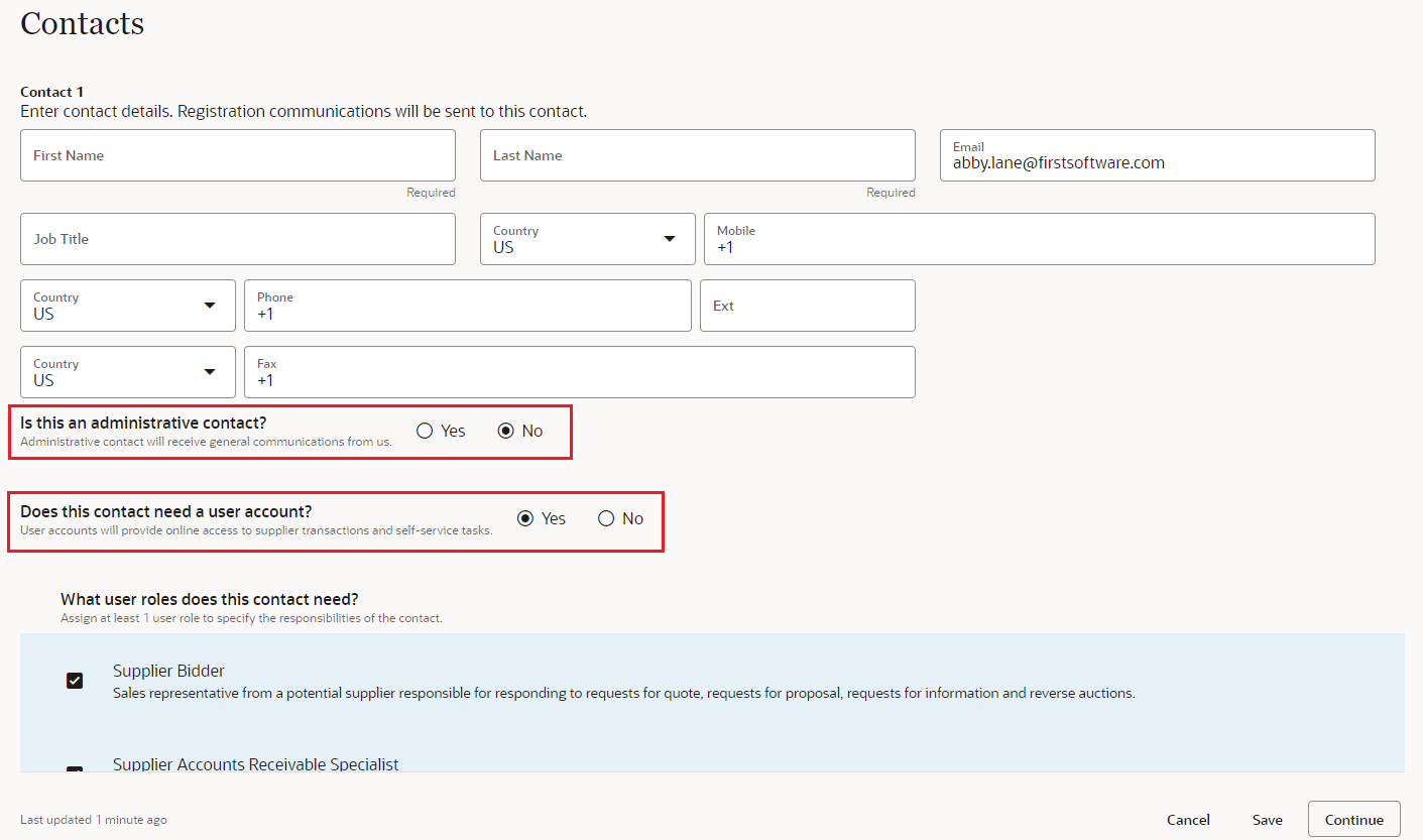 Values Defaulted on the Contacts Page