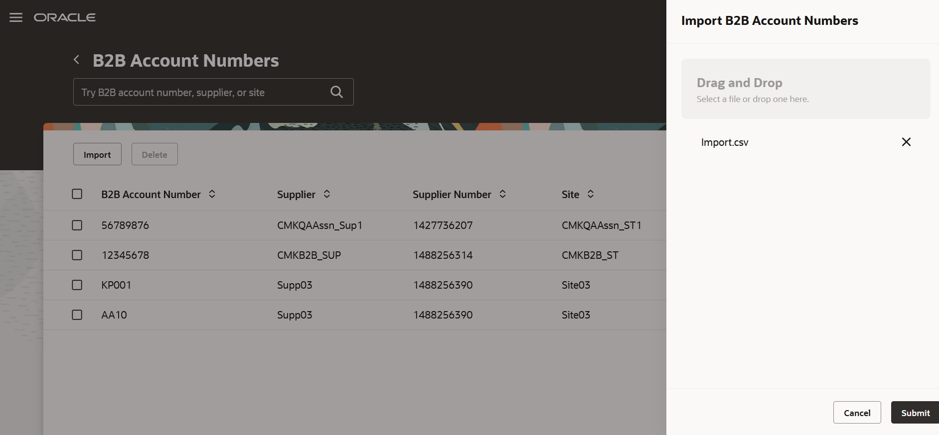 Screen capture that shows the Import B2B Account Numbers screen.