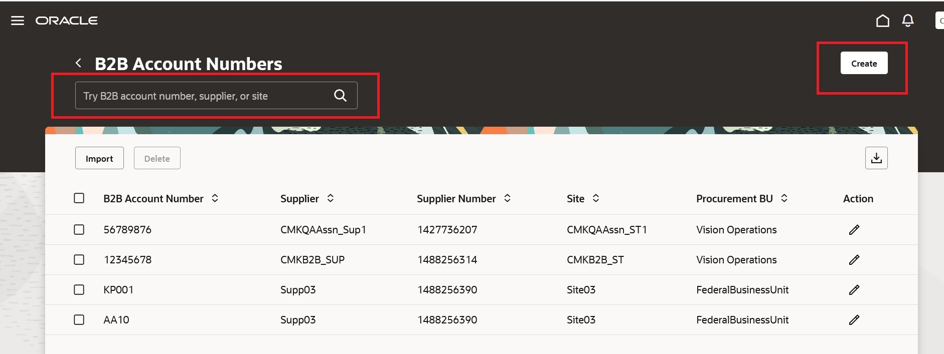 Screen capture that shows the Create B2B Account Numbers screen.