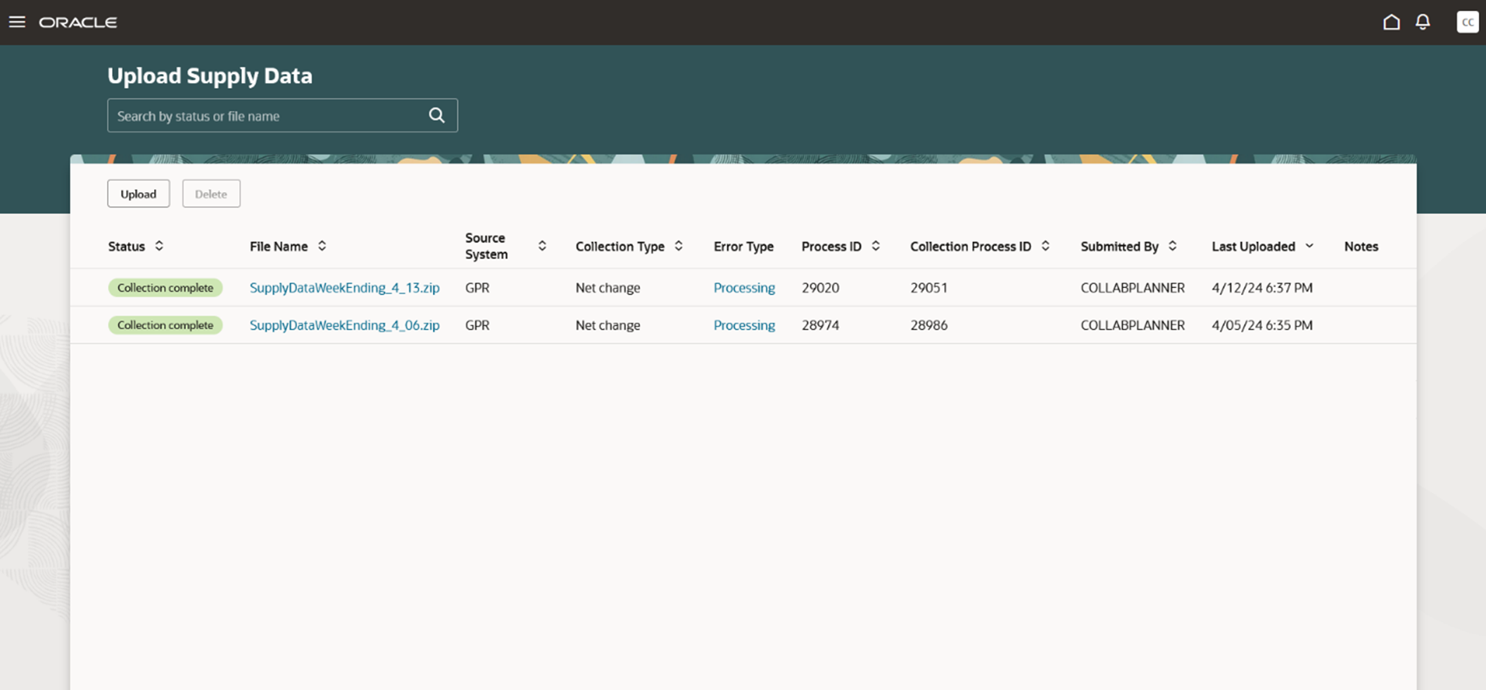 Upload supply data search page in the Redwood user experience