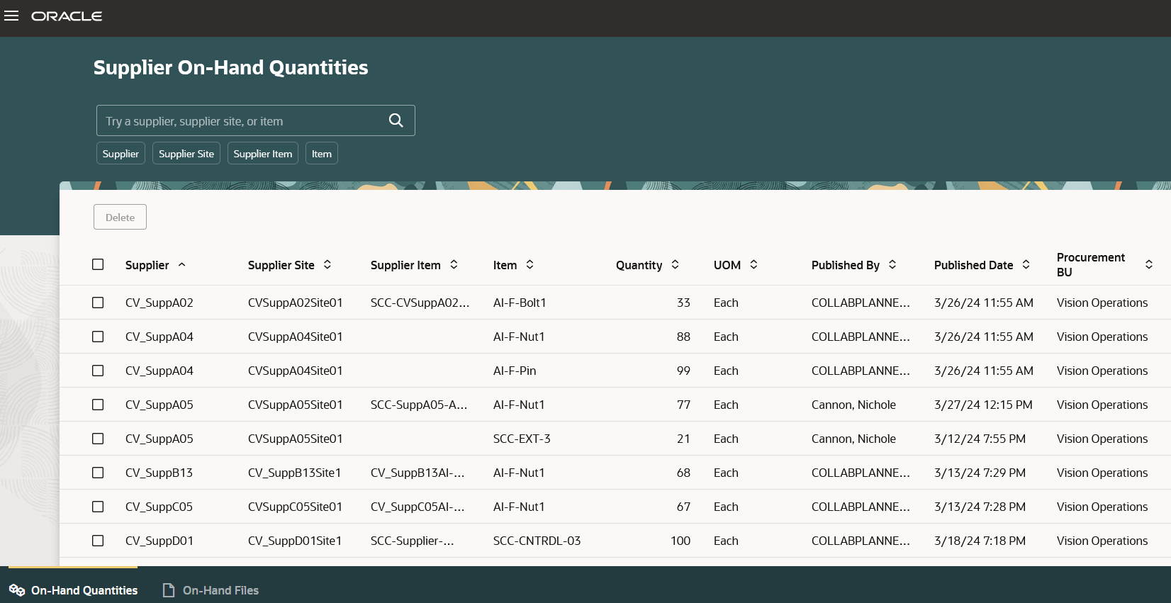 Supplier On-Hand Quantities page in the Redwood user experience