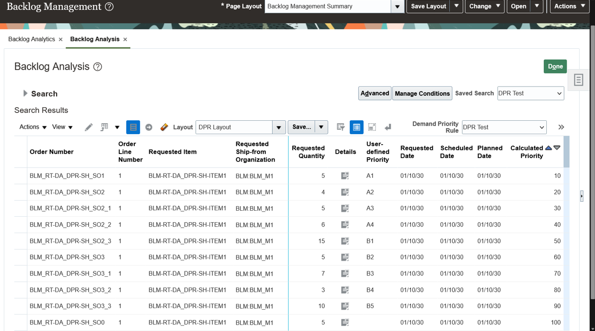 Backlog Analysis Screen After Plan Run Shows User-defined Priority Based on Alphanumeric Values