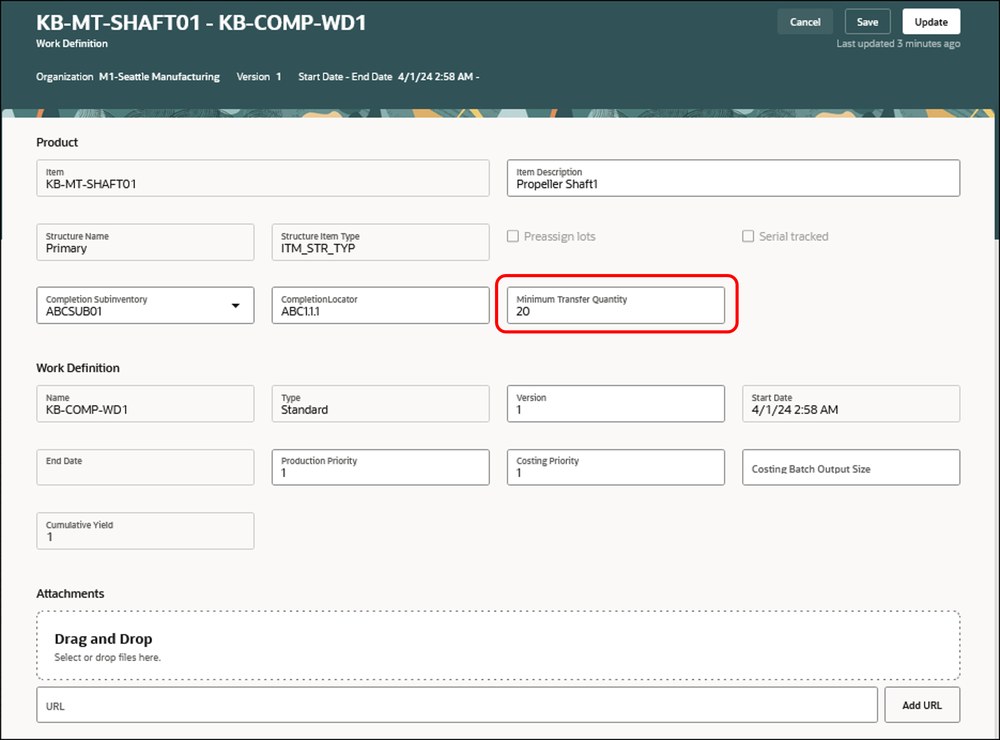 Work Definition with Minimum Transfer Quantity Field